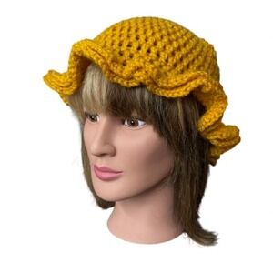 Mustard Yellow handmade crochet knit Flower Shaped Beanie Quirky Funky Cute